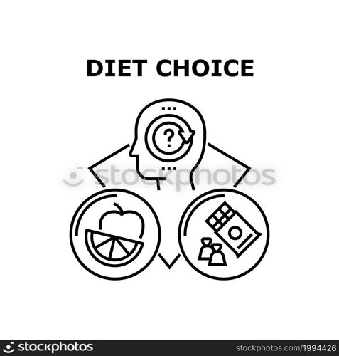 Diet Choice Vector Icon Concept. Diet Choice Between Healthy Vegetarian Meal And Junk Sweet And Fat Dish. Healthcare Vitamin Or Unhealthy Fatty Nutrition Choosing Human Black Illustration. Diet Choice Vector Concept Black Illustration