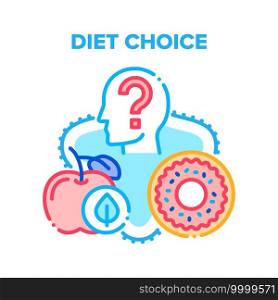 Diet Choice Vector Icon Concept. Diet Choice, Human Choosing Between Healthy And Unhealthy Food Natural Apple Fruit And Donut Sugary Dessert. Fastfood Vs Balanced Menu Comparison Color Illustration. Diet Choice Vector Concept Color Illustration