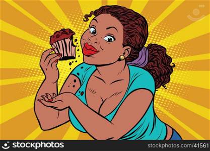Diet concept woman eating cupcake, pop art retro comic book vector illustration. Sweets and cooking. Fat people. African American