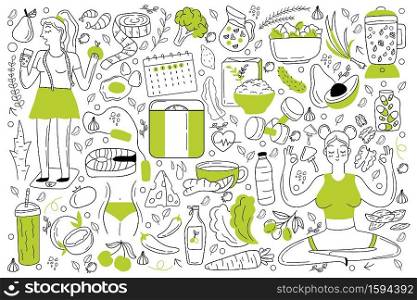 Diet doodle set. Collection of hand drawn sketches templates of people dieting eating natural food smoothie cocktail cereals vegetables fruits for loosing weight. Healthy lifestyle illustration.. Diet doodle set