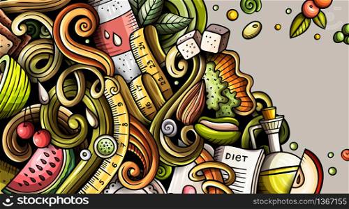 Diet food hand drawn doodle banner. Cartoon detailed flyer. Dietic identity with objects and symbols. Color vector design elements background. Diet food hand drawn doodle banner. Cartoon detailed flyer.