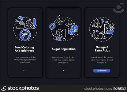 Diet for people with ADHD onboarding mobile app page screen. Sugar regulation walkthrough 3 steps graphic instructions with concepts. UI, UX, GUI vector template with linear night mode illustrations. Diet for people with ADHD onboarding mobile app page screen