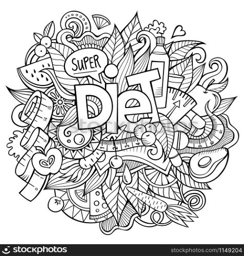 Diet hand lettering and doodles elements and symbols background. Vector hand drawn sketchy illustration. Diet hand lettering and doodles elements