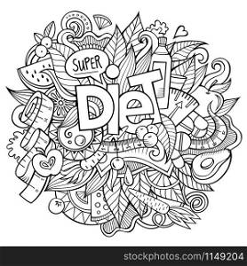 Diet hand lettering and doodles elements and symbols background. Vector hand drawn sketchy illustration. Diet hand lettering and doodles elements
