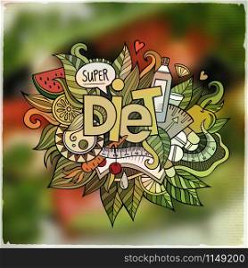 Diet hand lettering and doodles elements and symbols emblem. Vector blurred background. Diet hand lettering and doodles elements emblem