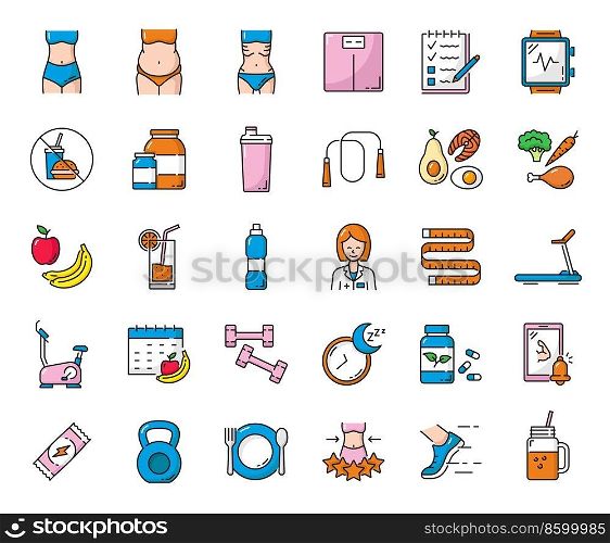 Diet nutrition, healthy food, fitness sport, weight control, keto diet, body exercise and workout outline icons. Vector muscle body, heart training and water, gym equipment, dumbbell, calendar, apple. Diet nutrition, healthy food, sport outline icons