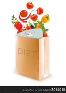 Diet paper bag with a scale and vegetables. Concept of diet, Vector.