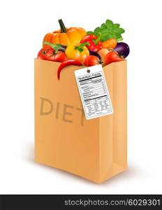 Diet paper bag with vegetables and a nutritional label. Concept of diet. Vector.