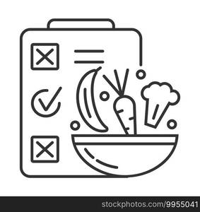 Diet plan icon vector in outline style. Planer with notes and a bowl of vegetables and fruits. Cauliflower, carrot, banana are shown. Organizer for healthy food.. Diet plan icon vector in outline style. Planer with notes and a bowl of vegetables and fruits. Cauliflower, carrot, banana are shown.