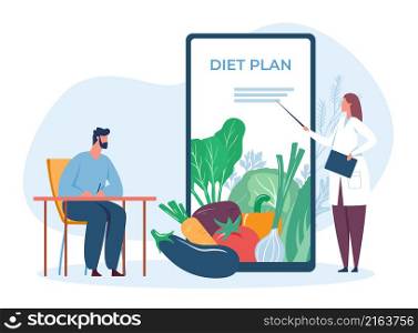 Diet plan online, dietitian give advice to get fit. Application for nutrition diet, nutritionist online, vector illustration. Diet plan online, dietitian give advice to get fit