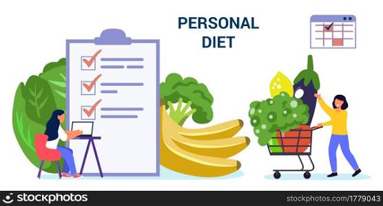 Diet plan vector website template Tiny people nutritionist and diet plan checklist with vegetables and fruit Vegan diet programs Healthy eating concept. Diet plan vector website template Tiny people nutritionist and diet plan checklist