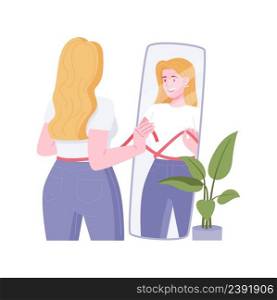 Diet results isolated cartoon vector illustrations. Smiling girl measuring waist and looking at mirror, happy with diet results, healthy nutrition, weight loss, slim tummy vector cartoon.. Diet results isolated cartoon vector illustrations.