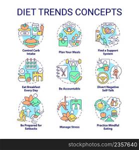 Diet trends concept icons set. Healthy lifestyle and eating. Weight control idea thin line color illustrations. Isolated symbols. Editable stroke. Roboto-Medium, Myriad Pro-Bold fonts used. Diet trends concept icons set