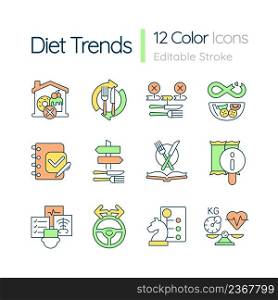 Diet trends RGB color icons set. Healthy nutrition. Prevent diseases and obesity. Isolated vector illustrations. Simple filled line drawings collection. Editable stroke. Quicksand-Light font used. Diet trends RGB color icons set