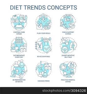 Diet trends turquoise concept icons set. Healthy lifestyle and eating. Weight control idea thin line color illustrations. Isolated symbols. Editable stroke. Roboto-Medium, Myriad Pro-Bold fonts used. Diet trends turquoise concept icons set