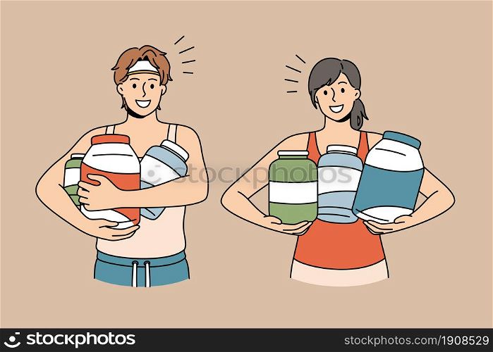 Dietary supplement and sport concept. Young smiling couple in sportswear standing holding jars with vitamins an dietary supplements vector illustration . Dietary supplement and sport concept.