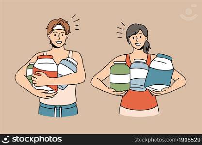 Dietary supplement and sport concept. Young smiling couple in sportswear standing holding jars with vitamins an dietary supplements vector illustration . Dietary supplement and sport concept.
