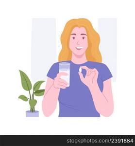 Dietary supplement isolated cartoon vector illustrations. Smiling girl takes vitamins and dietary supplement, holding a capsule and water glass, healthcare and beauty vector cartoon.. Dietary supplement isolated cartoon vector illustrations.