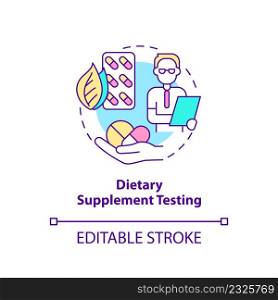 Dietary supplement testing concept icon. Healthy nutrition. Things to be tested abstract idea thin line illustration. Isolated outline drawing. Editable stroke. Arial, Myriad Pro-Bold fonts used. Dietary supplement testing concept icon