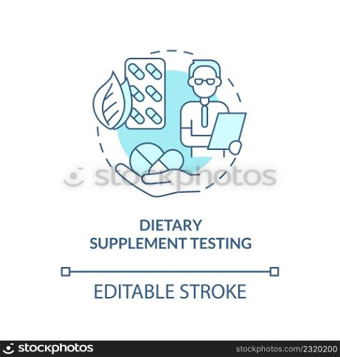 Dietary supplement testing turquoise concept icon. Healthy eat. Things to be tested abstract idea thin line illustration. Isolated outline drawing. Editable stroke. Arial, Myriad Pro-Bold fonts used. Dietary supplement testing turquoise concept icon