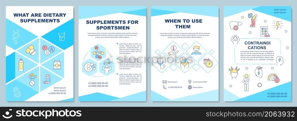 Dietary supplements blue brochure template. Fit lifestyle. Booklet print design with linear icons. Vector layouts for presentation, annual reports, ads. Arial-Black, Myriad Pro-Regular fonts used. Dietary supplements blue brochure template