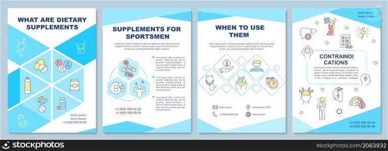 Dietary supplements blue brochure template. Fit lifestyle. Booklet print design with linear icons. Vector layouts for presentation, annual reports, ads. Arial-Black, Myriad Pro-Regular fonts used. Dietary supplements blue brochure template