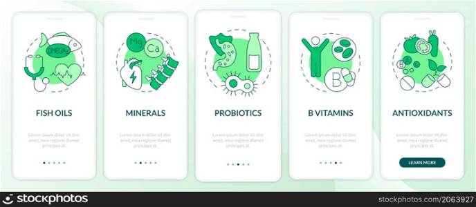 Dietary supplements green onboarding mobile app screen. Fit meals walkthrough 5 steps graphic instructions pages with linear concepts. UI, UX, GUI template. Myriad Pro-Bold, Regular fonts used. Dietary supplements green onboarding mobile app screen