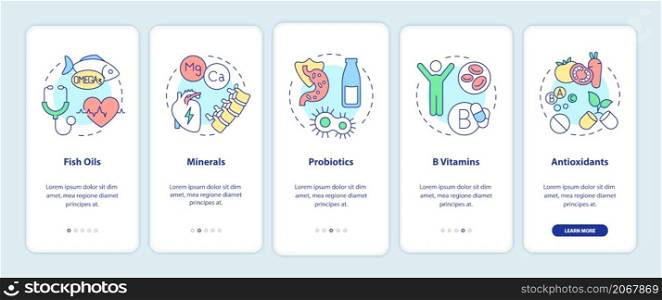 Dietary supplements onboarding mobile app screen. Nutrition walkthrough 5 steps graphic instructions pages with linear concepts. UI, UX, GUI template. Myriad Pro-Bold, Regular fonts used. Dietary supplements onboarding mobile app screen