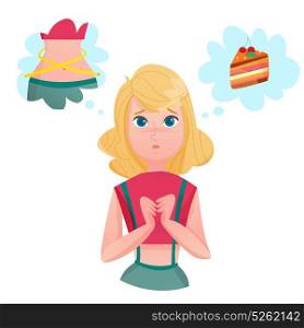 Dieting Lining Lady Temptations Cartoon Character. Young lady cartoon character dieting to loose weight dreaming of cake and slim figure temptation emotions vector illustrations