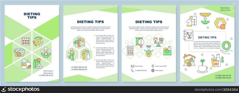 Dieting tips brochure template. Losing weight. Healthy nutrition. Leaflet design with linear icons. 4 vector layouts for presentation, annual reports. Arial-Black, Myriad Pro-Regular fonts used. Dieting tips brochure template