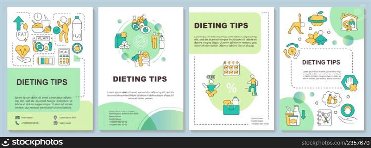Dieting tips green brochure template. Losing weight. Healthy nutrition. Leaflet design with linear icons. 4 vector layouts for presentation, annual reports. Arial-Bold, Myriad Pro-Regular fonts used. Dieting tips green brochure template