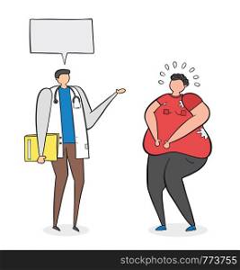 Dietitian talking with fat man, hand-drawn vector illustration. Black outlines and colored.