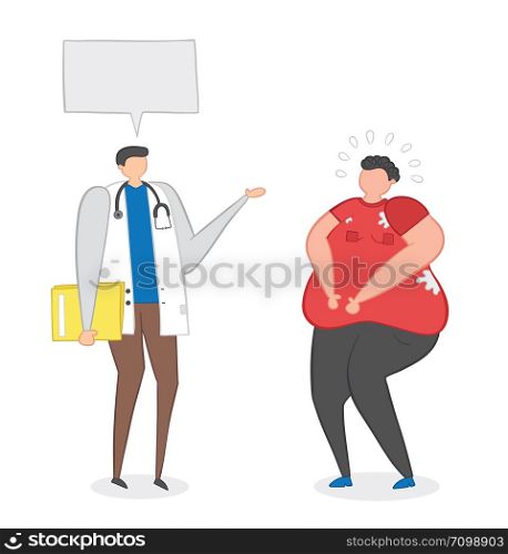 Dietitian talking with fat man, hand-drawn vector illustration. Color outlines and colored.