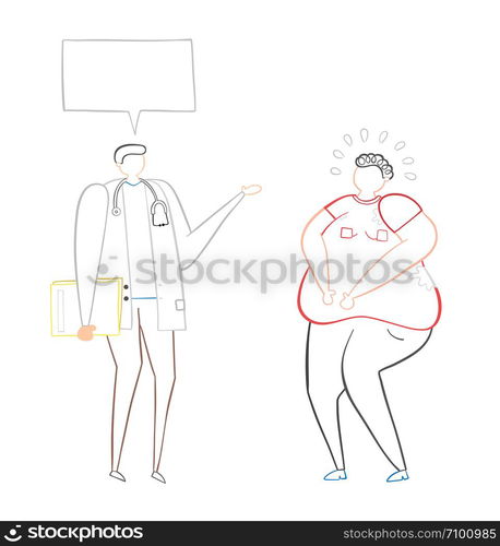 Dietitian talking with fat man, hand-drawn vector illustration. Color outlines and white background.