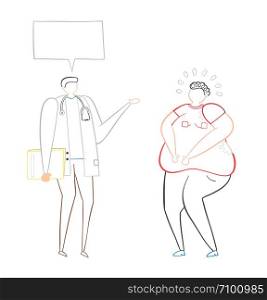 Dietitian talking with fat man, hand-drawn vector illustration. Color outlines and white background.