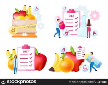 Dietology experts flat vector illustrations set. Fresh vitamins containing fruits. Choosing healthy nutrition ingredients. Scheduling diet meals. Nutritionist, doctor isolated cartoon characters