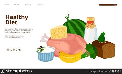 Dietology landing page. Healthy diet vector web banner template. Illustration of food healthy diet web page. Dietology landing page. Healthy diet vector web banner template