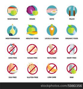 Diets Icons Set. Flat color diets icons set with inscriptions isolated vector illustration