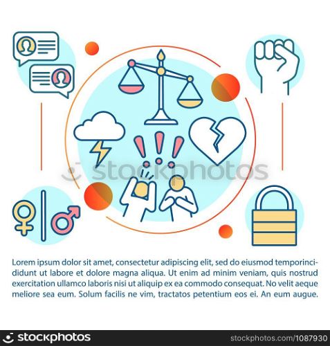 Difference of values article page vector template. Divorce. Quarrels and relationship problems. Brochure, magazine, booklet design element, linear icons. Print design. Concept illustrations with text