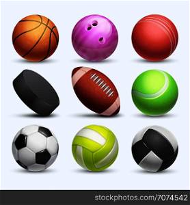 Different 3d sports balls vector collection isolated on white background. Ball for game football and basketball, soccer and tennis illustration. Different 3d sports balls vector collection isolated on white background
