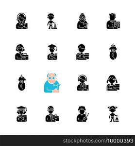 Different age and gender groups black glyph icons set on white space. Aging process. Child development. Adolescent years. Teenager. Senior citizen. Silhouette symbols. Vector isolated illustration. Different age and gender groups black glyph icons set on white space