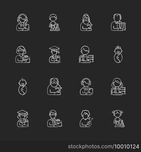 Different age and gender groups chalk white icons set on black background. Aging process. Child development. Adolescent years. Teenager. Senior citizen. Isolated vector chalkboard illustrations. Different age and gender groups chalk white icons set on black background