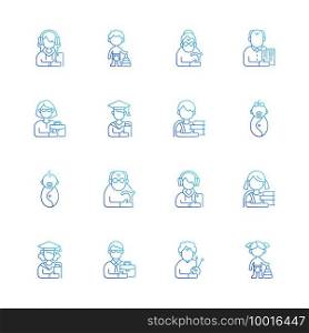 Different age and gender groups gradient linear vector icons set. Aging process. Child development. Senior citizen. Thin line contour symbols bundle. Isolated vector outline illustrations collection. Different age and gender groups gradient linear vector icons set