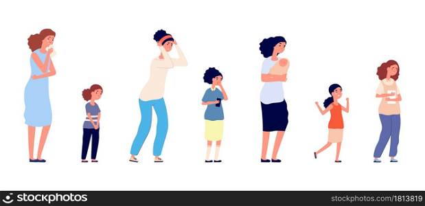 Different ages women. Depressed, isolated sad female characters. Little kid, teens and adult woman cries vector illustration. Woman sorrow, alone people emotion, female worry. Different ages women. Depressed, isolated sad female characters. Little kid, teens and adult woman cries vector illustration