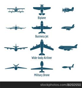 Different airplanes types. Retro plane and business jet, passenger plane and military drone. Vector illustration