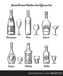 Different alcohol bottles and glasses. Different types of alcohol hand drawn bottles and glasses vector illustration
