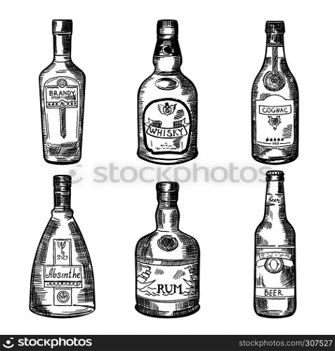 Different alcoholic drinks in bottles. Vector illustration in hand drawn style. Sketch of bottles absinthe, rum and cognac. Different alcoholic drinks in bottles. Vector illustration in hand drawn style
