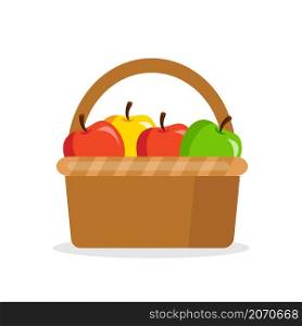 Different apples in wicker basket isolated on white background. Vector stock