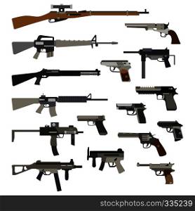 Different automatic weapons. Vector of guns and pistols. Military rifle and revolver, machine gun illustration. Different automatic weapons. Vector illustration of guns and pistols