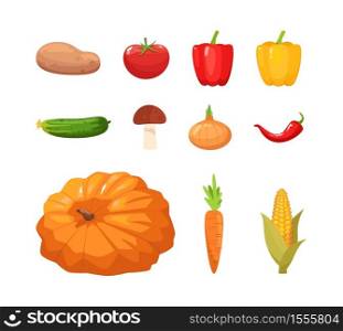 Different autumnal vegetables semi flat RGB color vector illustration set. Ripe pumpkin. Fresh peppers. Crop of potato. Farmer market products isolated cartoon object pack on white background. Different autumnal vegetables semi flat RGB color vector illustration set